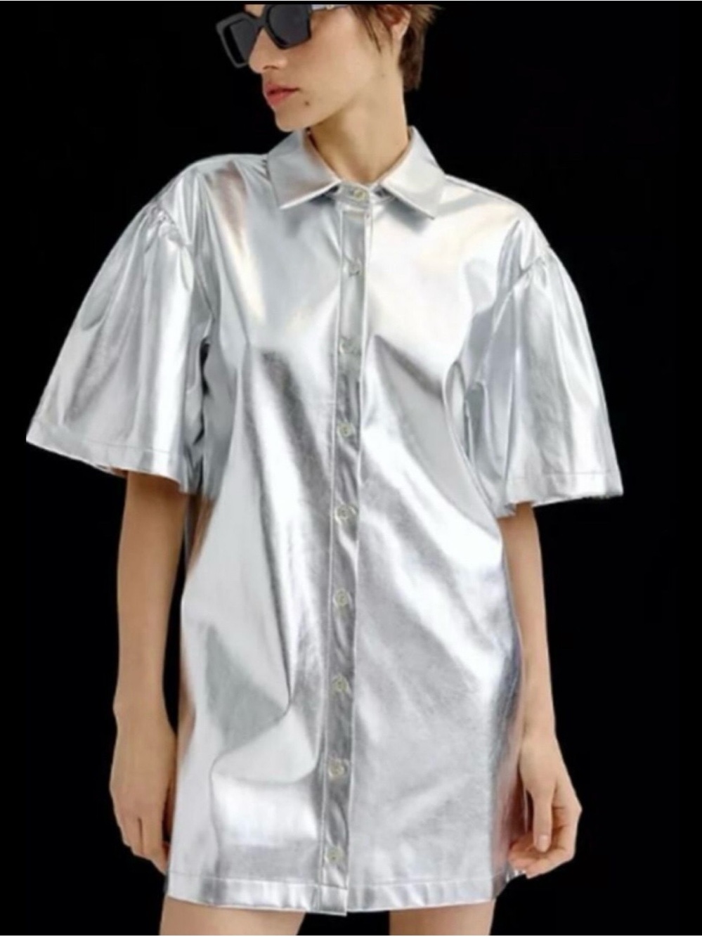 Delfi Collective by Anthropologie Metallic Silver Mini Shirt Dress